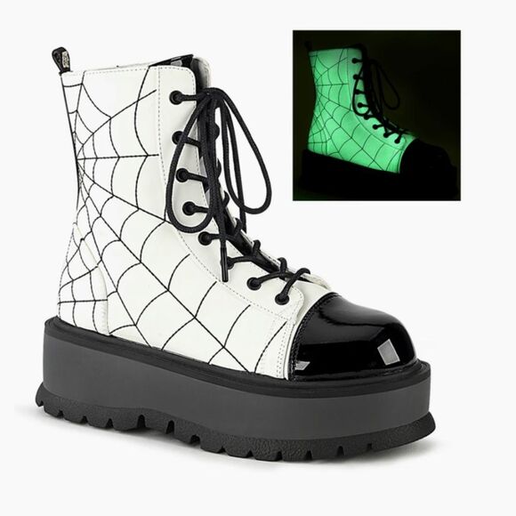 Demonia Glow In The Dark Ankle Boots 2" Platform Size 7 Spider Web - Picture 1 of 16